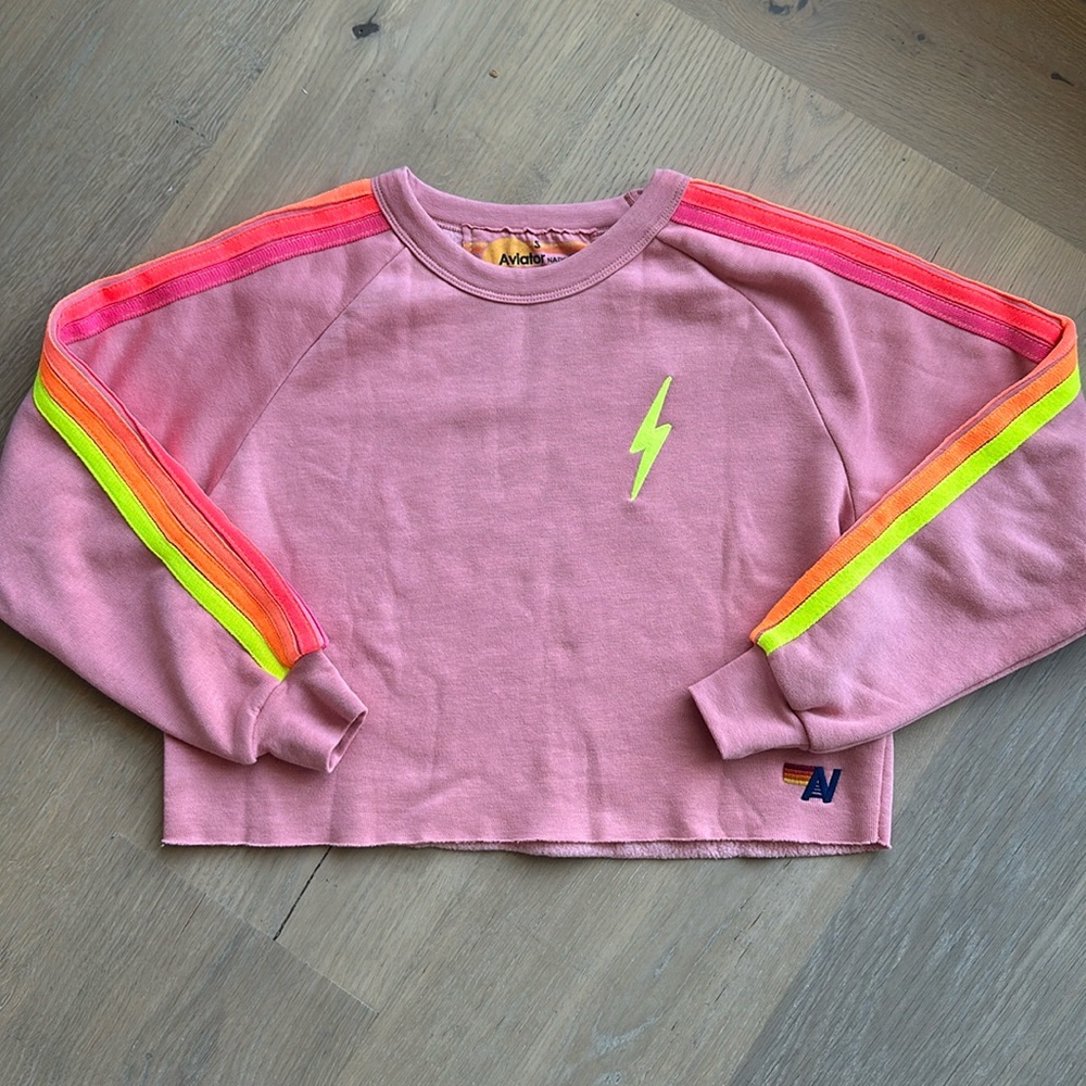 Aviator Nation sweatshirt, cropped, size Small. Pink with neon stripes